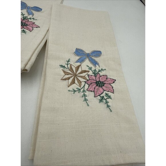 Vintage Ivory Cloth Napkins Cotton Set 7 Floral Bow Embroidered Tea Towels - Picture 2 of 5
